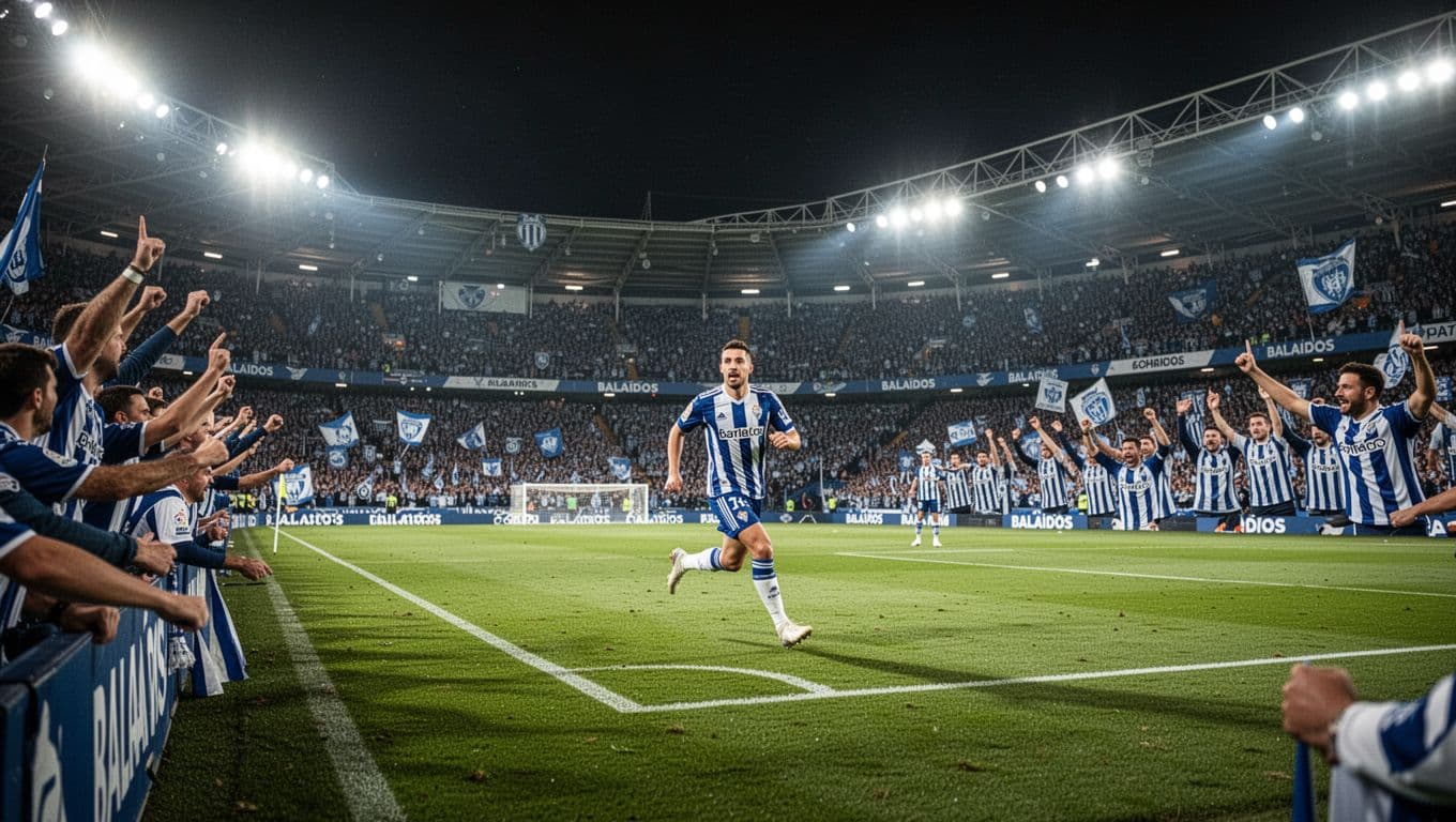 Balaídos stadium at night packed with cheering Celta de Vigo supporters and players running on green pitch under bright lights.