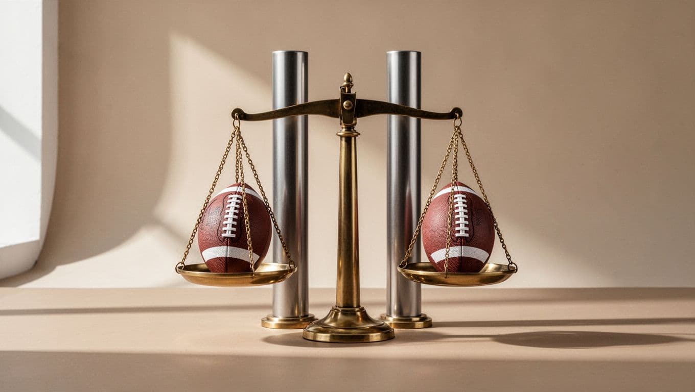 A minimalist graphic displays two columns and a scale holding two soccer balls, representing balanced match statistics.
