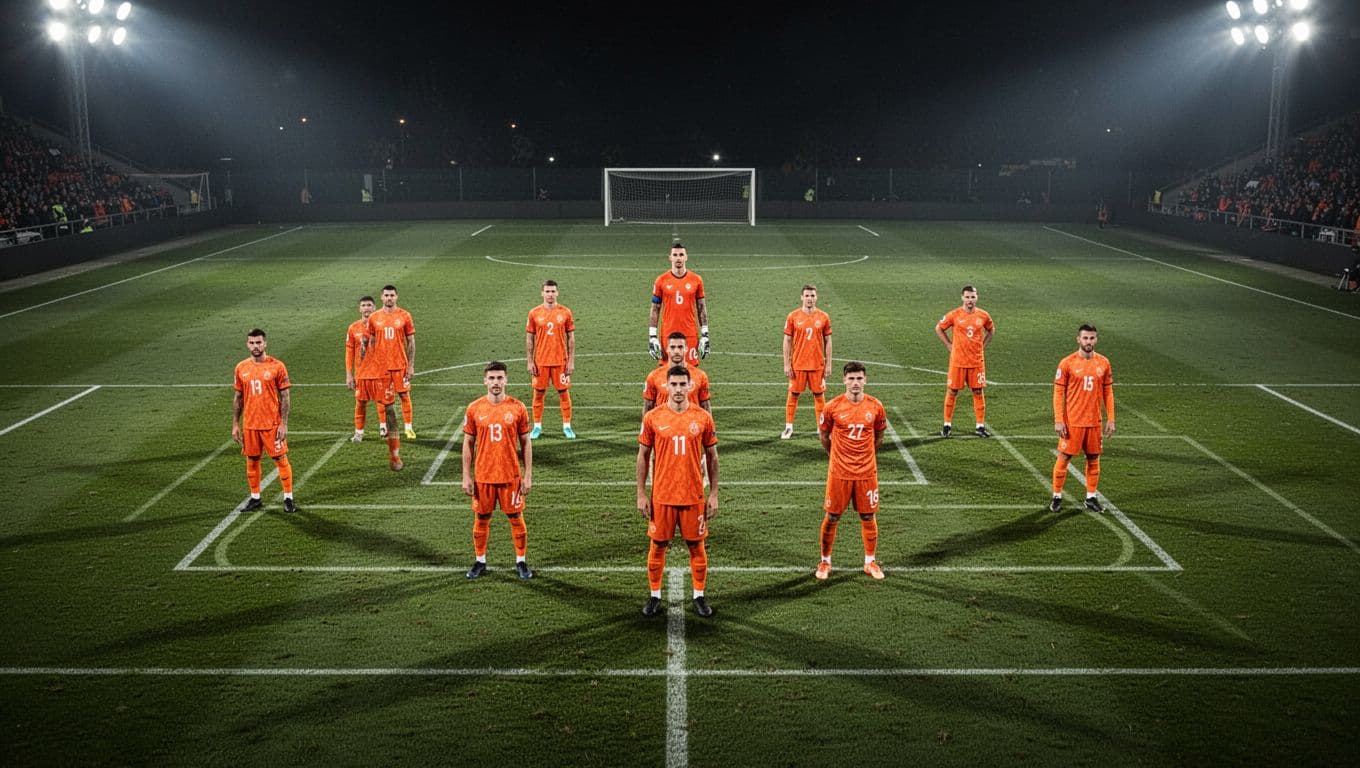Eleven players in orange jerseys positioned in 4-2-3-1 formation on green pitch in night stadium under floodlights.