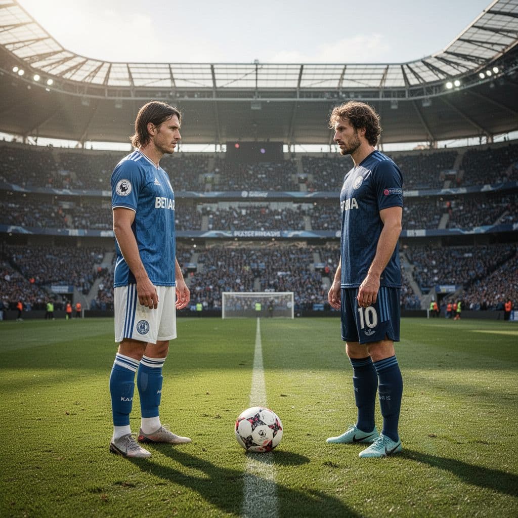 Two football players from rival teams face each other on a green field in a stadium with a ball between them.