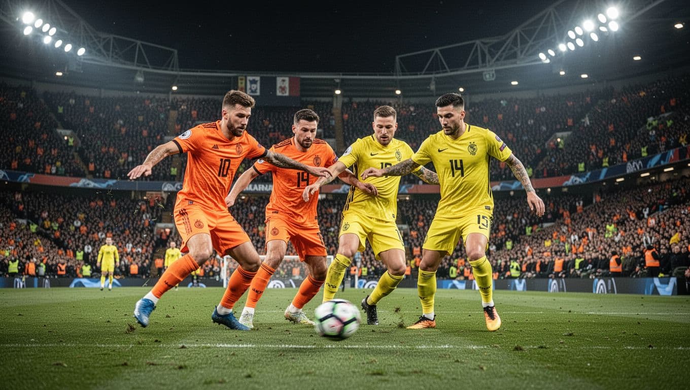Two orange-jerseyed Bali United players clash with two yellow-jerseyed Borneo FC players for the ball in midfield under floodlit stadium.