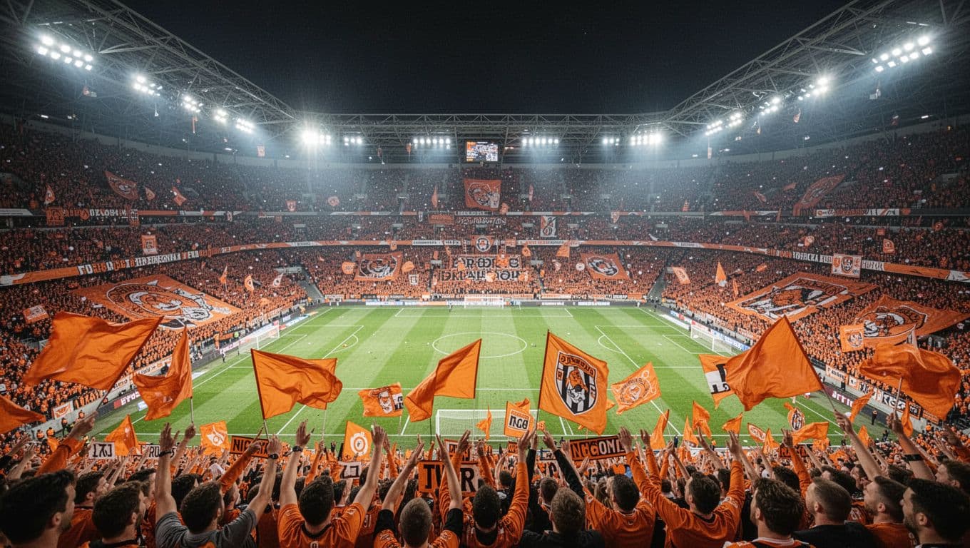 Bali United fans fill stands at Stadion Kapten I Wayan Dipta at night, waving orange flags under stadium lights.