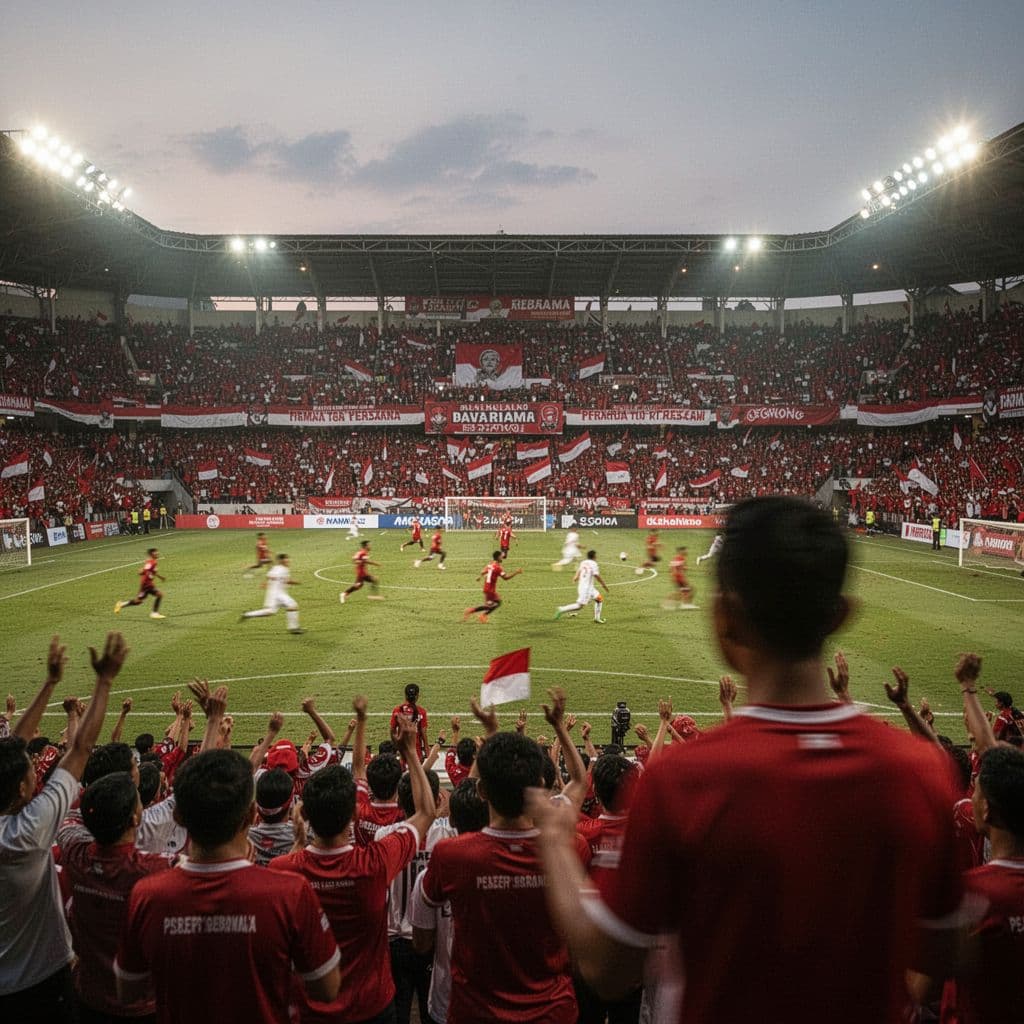 Passionate football fans cheer in the stands during an evening match at an Indonesian stadium.