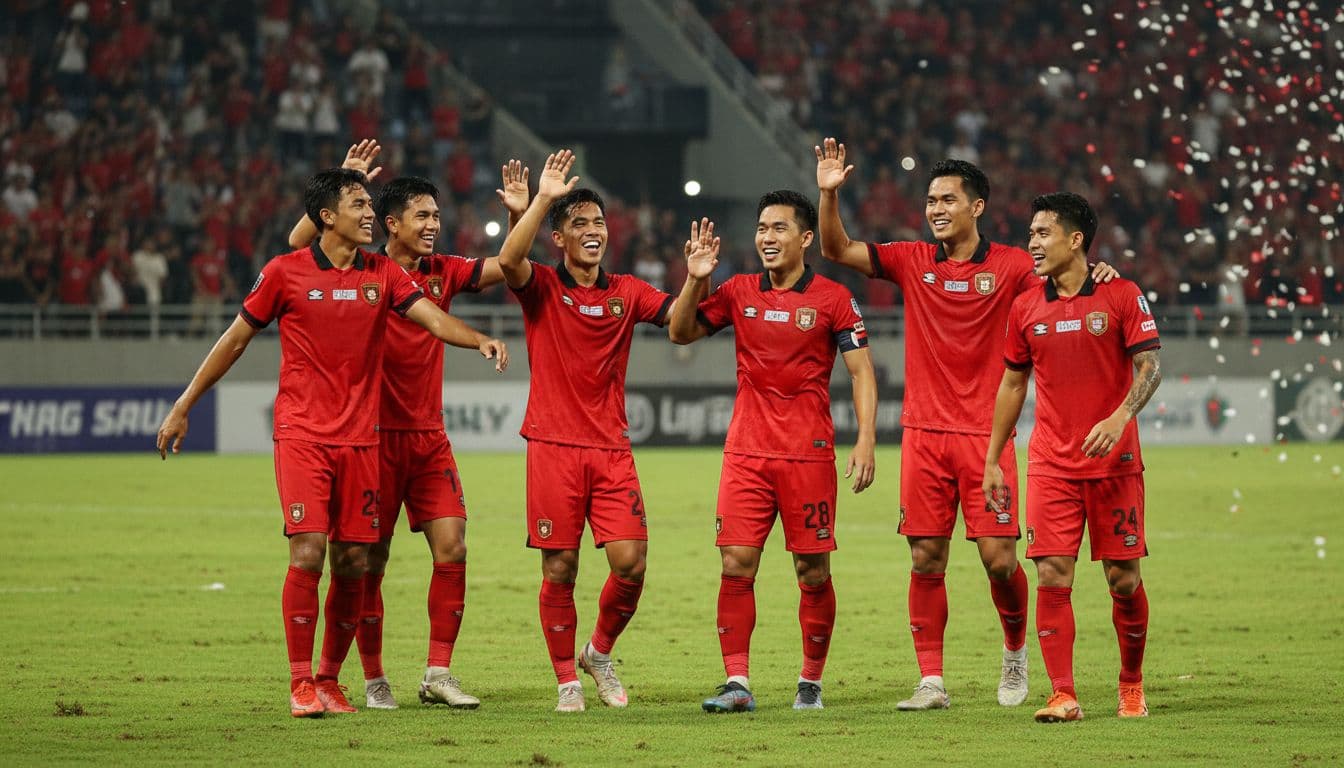 Six Bali United players in red jerseys huddle on green field, arms raised high-fiving after goal, blurred cheering fans in stadium background.