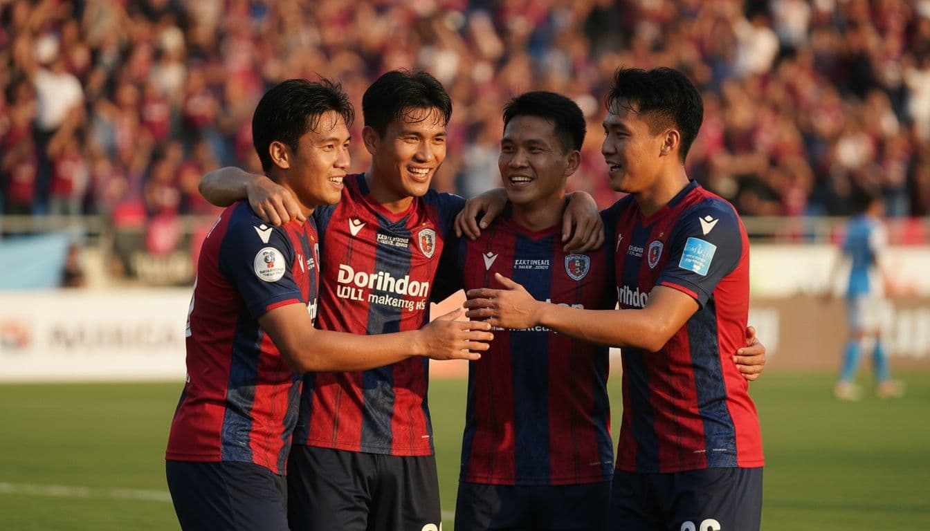 Four players in red-blue jerseys embrace on green stadium field at sunset with blurred cheering crowd.