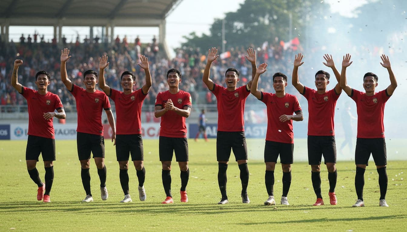 Nine Bali United players in red jerseys high-five and cheer after a goal on green field at Stadion Kapten I Wayan Dipta, blurred fans behind.