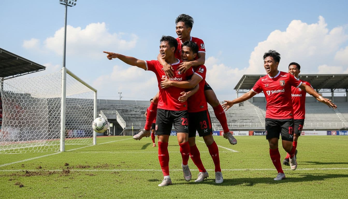 Five Bali United players in red jerseys celebrate a goal, striker pointing to net with ball inside on sunny green field.