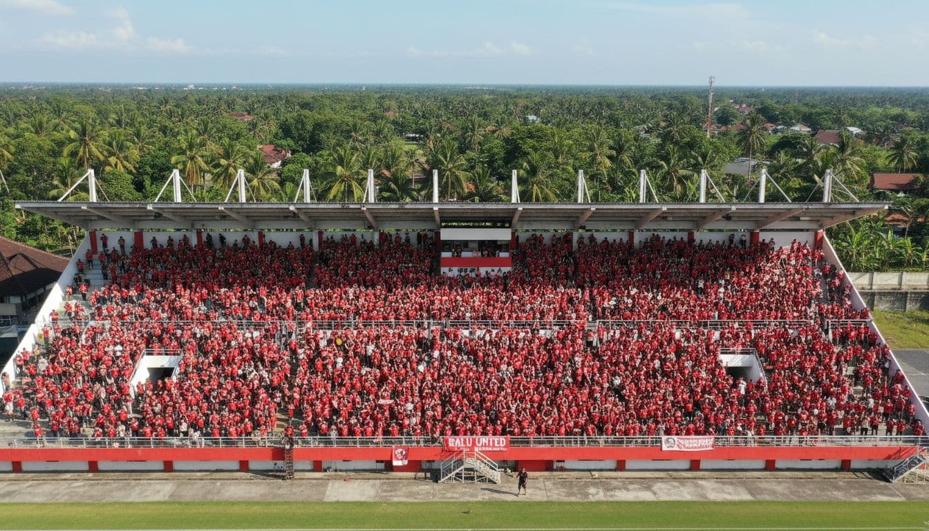 Aerial view of packed Stadion Kapten I Wayan Dipta with Bali United fans in red jerseys, sunny sky and surrounding greenery.