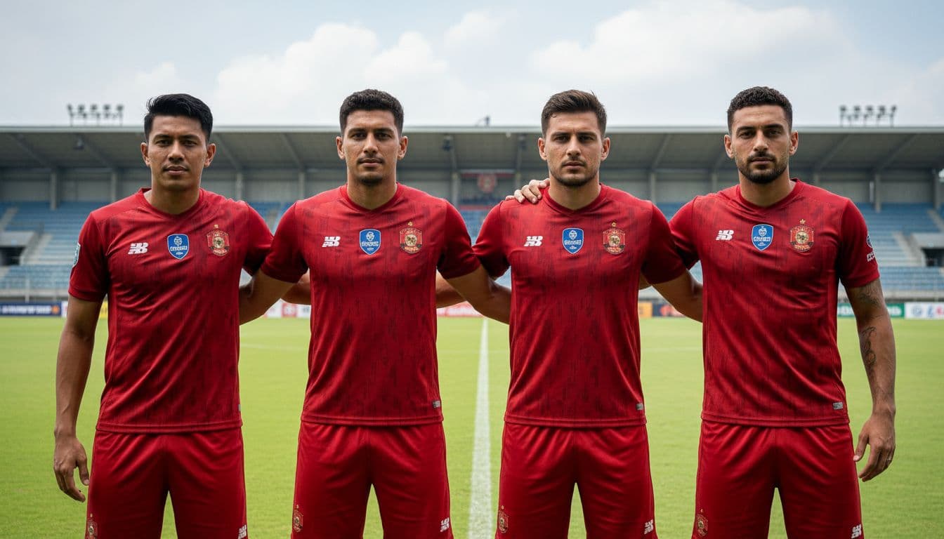 Four Bali United players in red jerseys stand arm-in-arm on green soccer field with confident expressions.