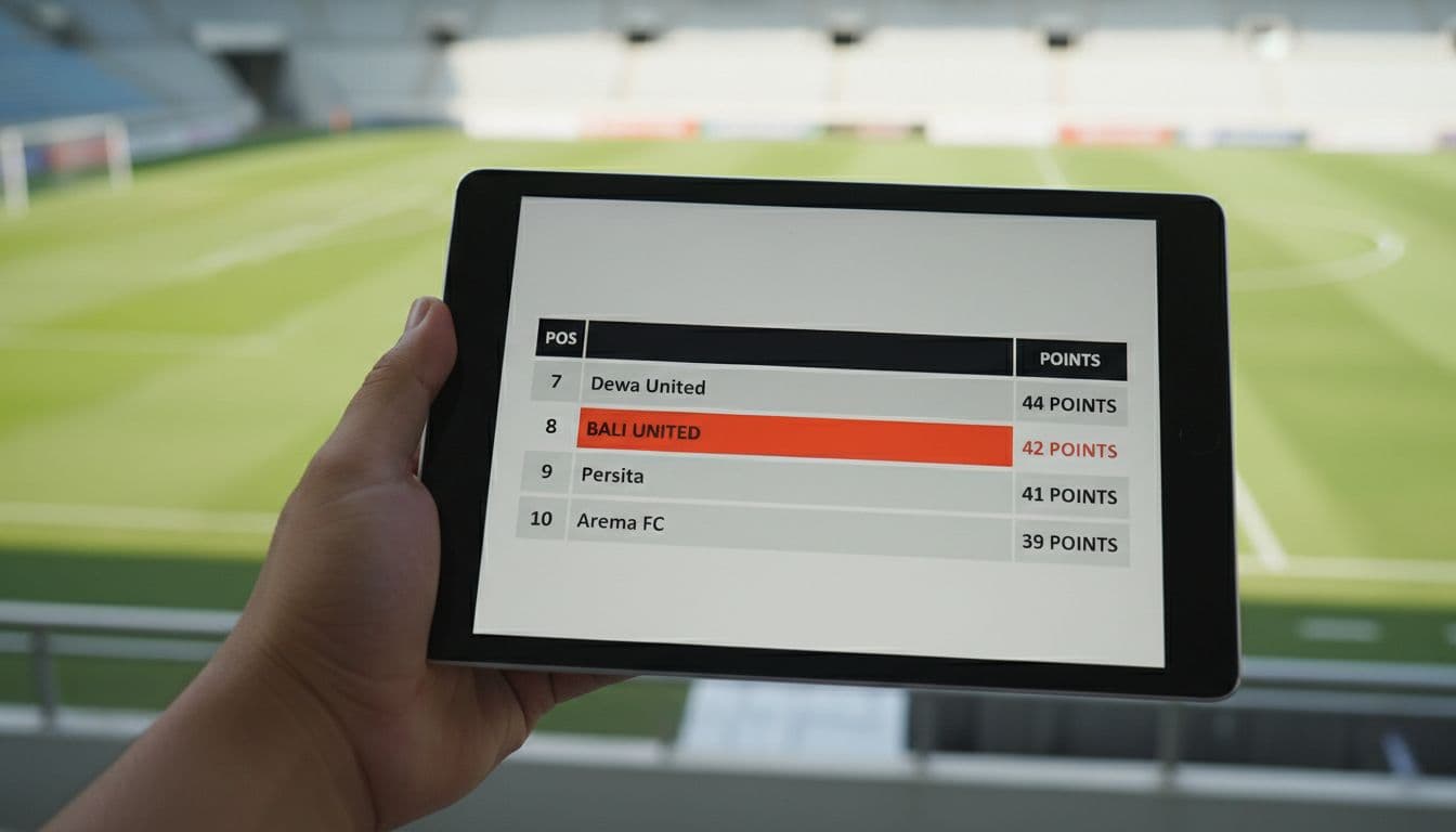 Hand holds angled tablet screen showing soccer league table with Bali United highlighted 8th at 42 points, nearby teams listed, blurred stadium background.