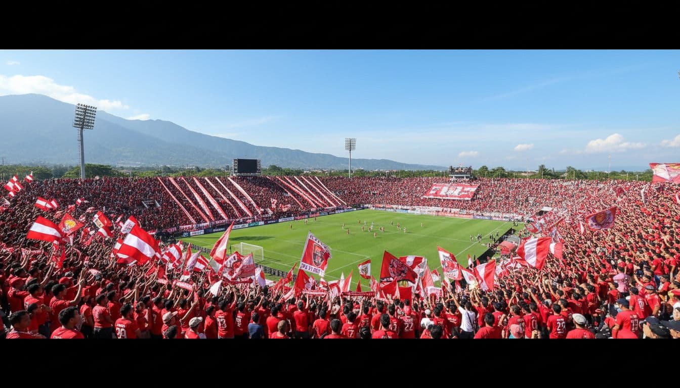 Aerial view of packed Stadion Kapten I Wayan Dipta with Bali United fans in red jerseys waving flags over green field.