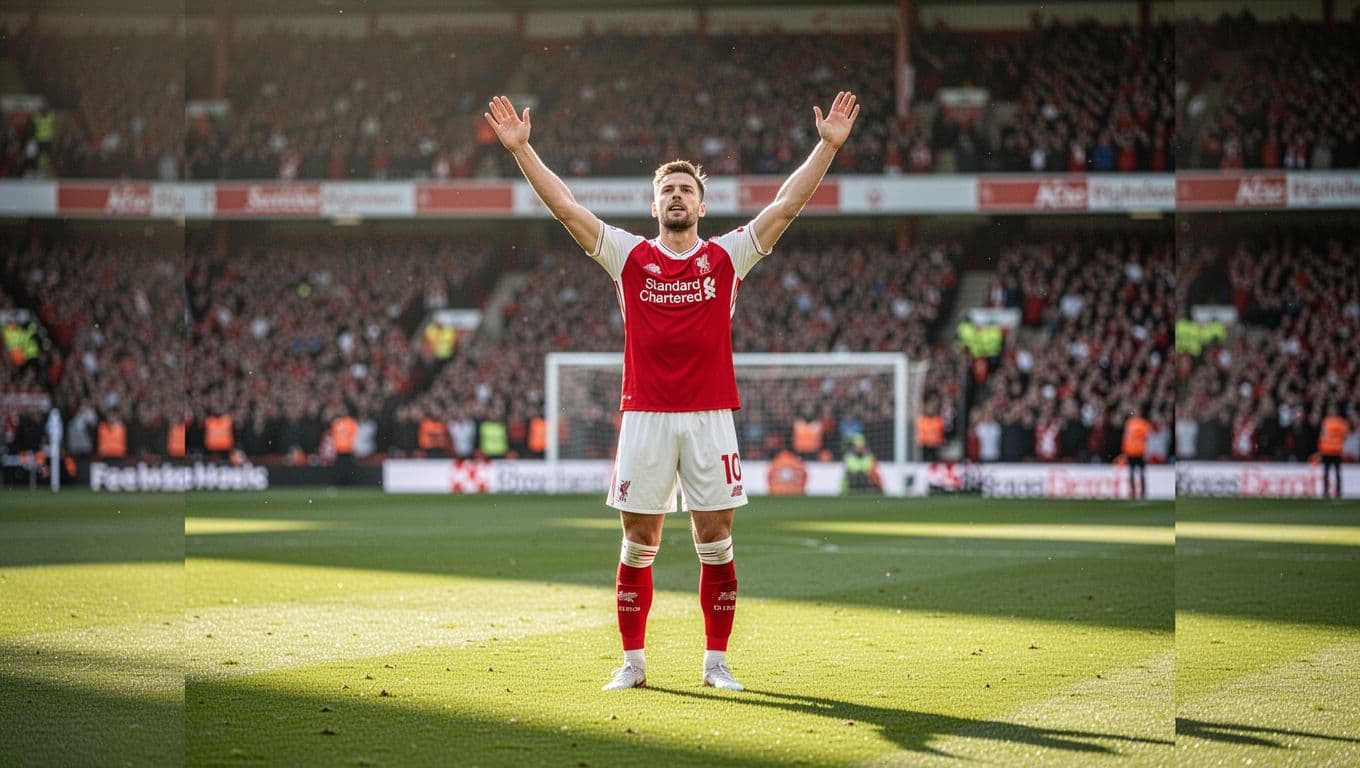 A football player in a red and white uniform celebrates a goal on a sunny field.