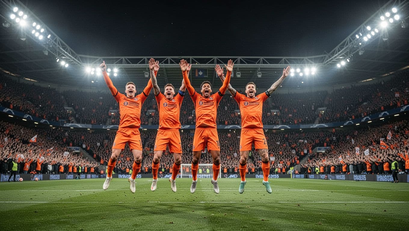 Five Bali United players in orange jerseys jump arms raised celebrating goal at night stadium with cheering fans.