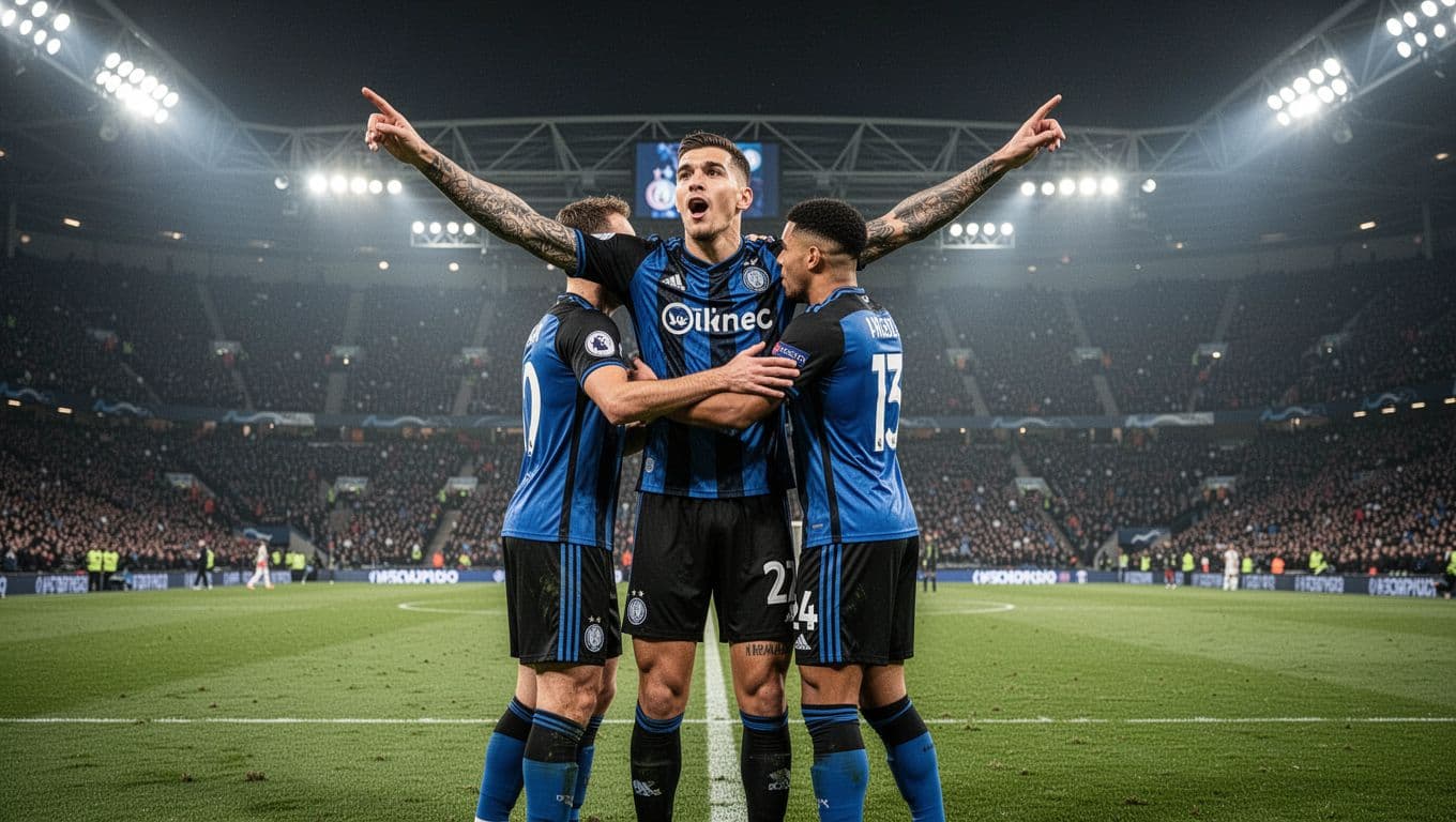 Balotelli in blue-black jersey points to sky celebrating goal, hugged by two teammates on floodlit pitch at Gelora Bangkalan.