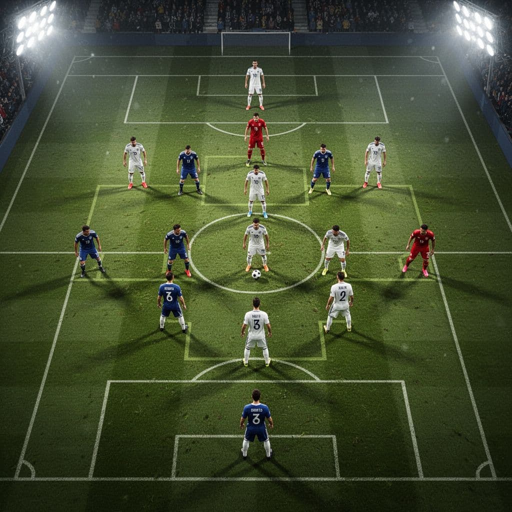 Eleven football players stand in an organized 4-5-1 formation on a green pitch under stadium lights.