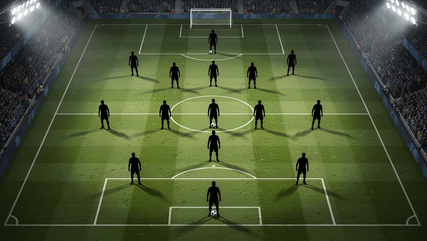 Top-down view of 4-3-3 formation with 11 player silhouettes on green pitch and stadium lights.