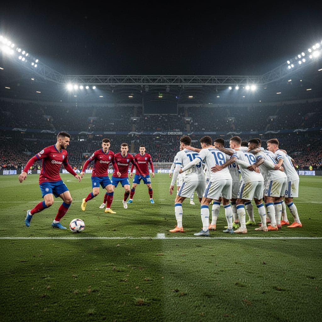 Barcelona players in red-blue jerseys advance the ball in a night stadium against Alaves' compact white-blue defense.