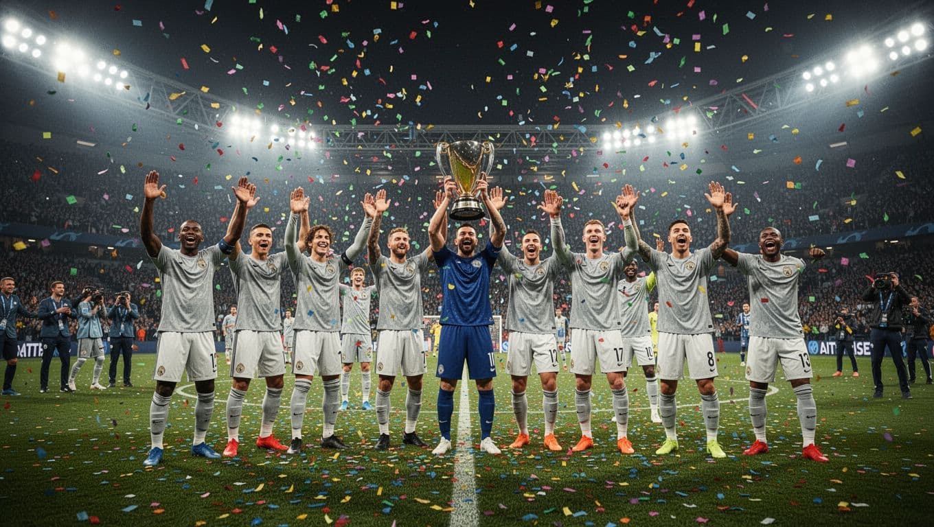 Players in team jerseys gather on a floodlit stadium pitch as vibrant confetti falls around them. The stadium stands glow brightly under the night sky during the championship trophy presentation.