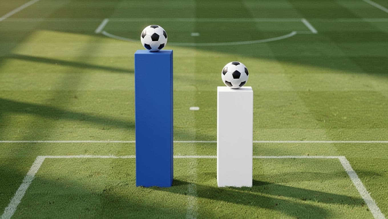Blue bar for Barcelona at 82.4 exceeds white bar for Real Madrid at 71.9 on green pitch background with soccer ball icons.