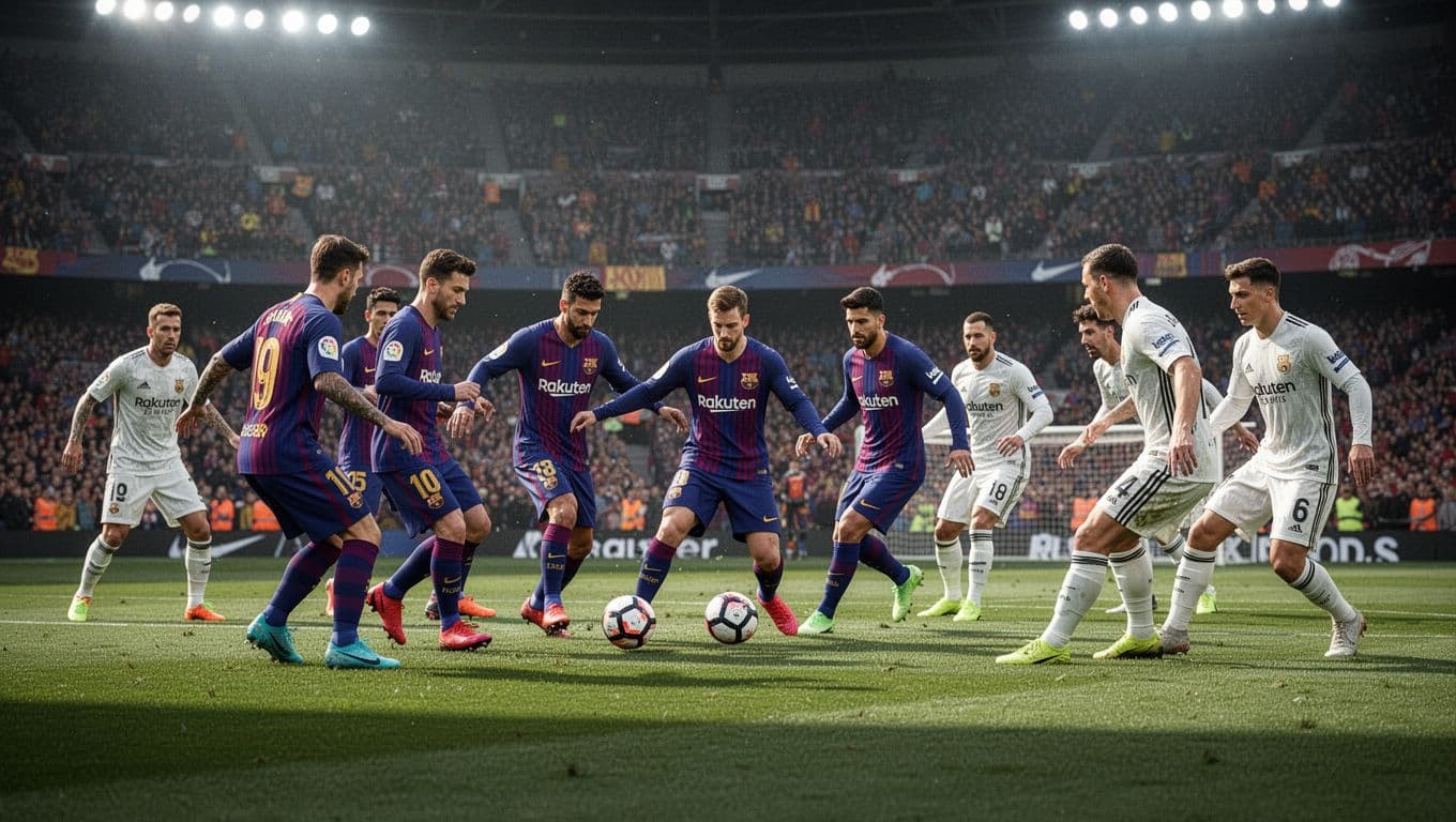 Barcelona players in blaugrana kits execute smooth passes in midfield against pressing white-kitted opponents in a full floodlit stadium.