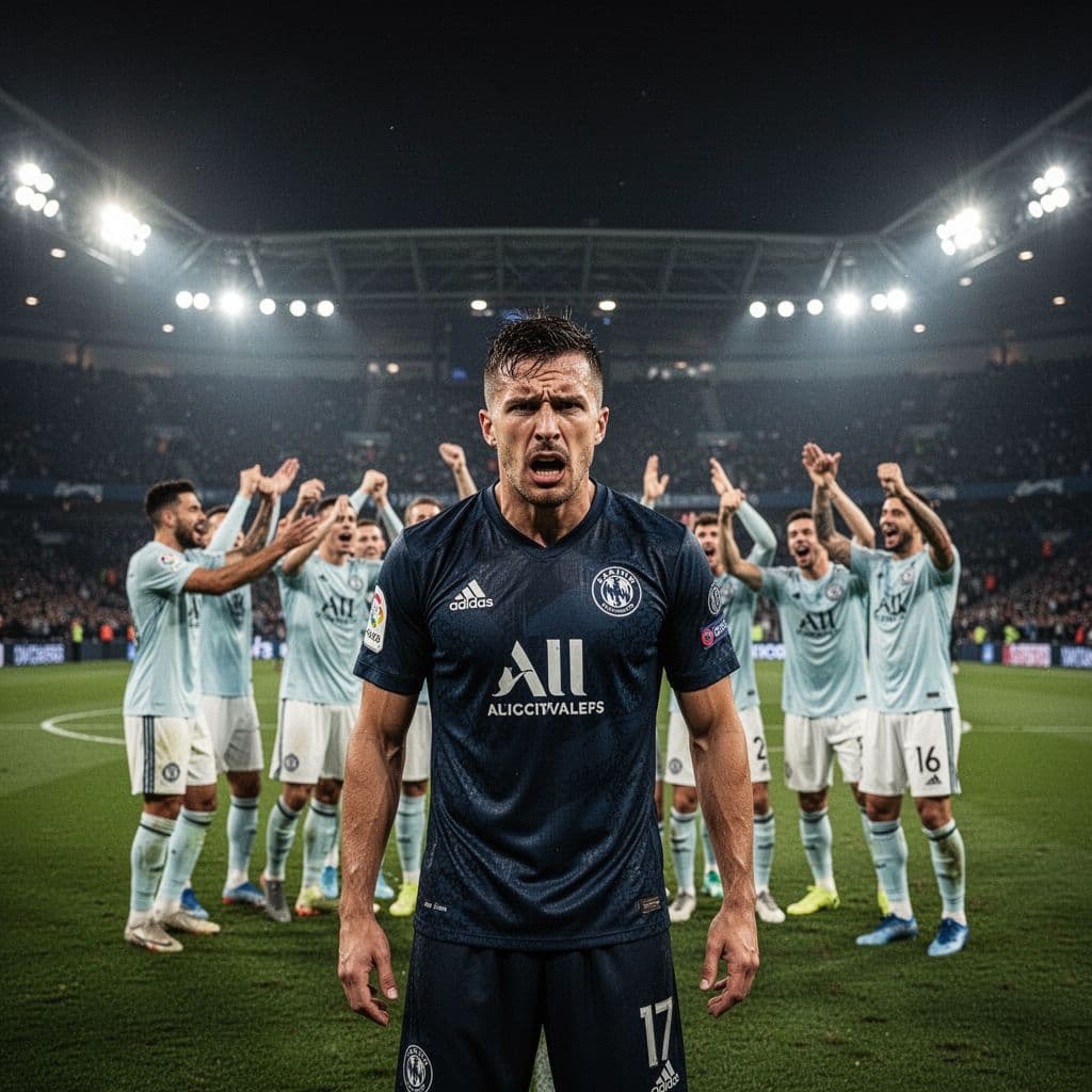 A Barcelona soccer player shows visible frustration on the field as Valencia players celebrate in the background.