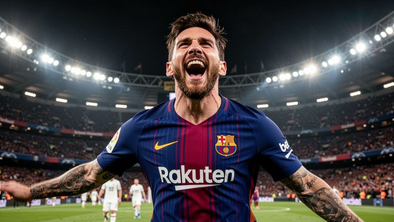 A professional footballer wearing a blue and red jersey celebrates enthusiastically after scoring a goal. He stands on the pitch at night while glowing stadium lights shine in the blurred background.
