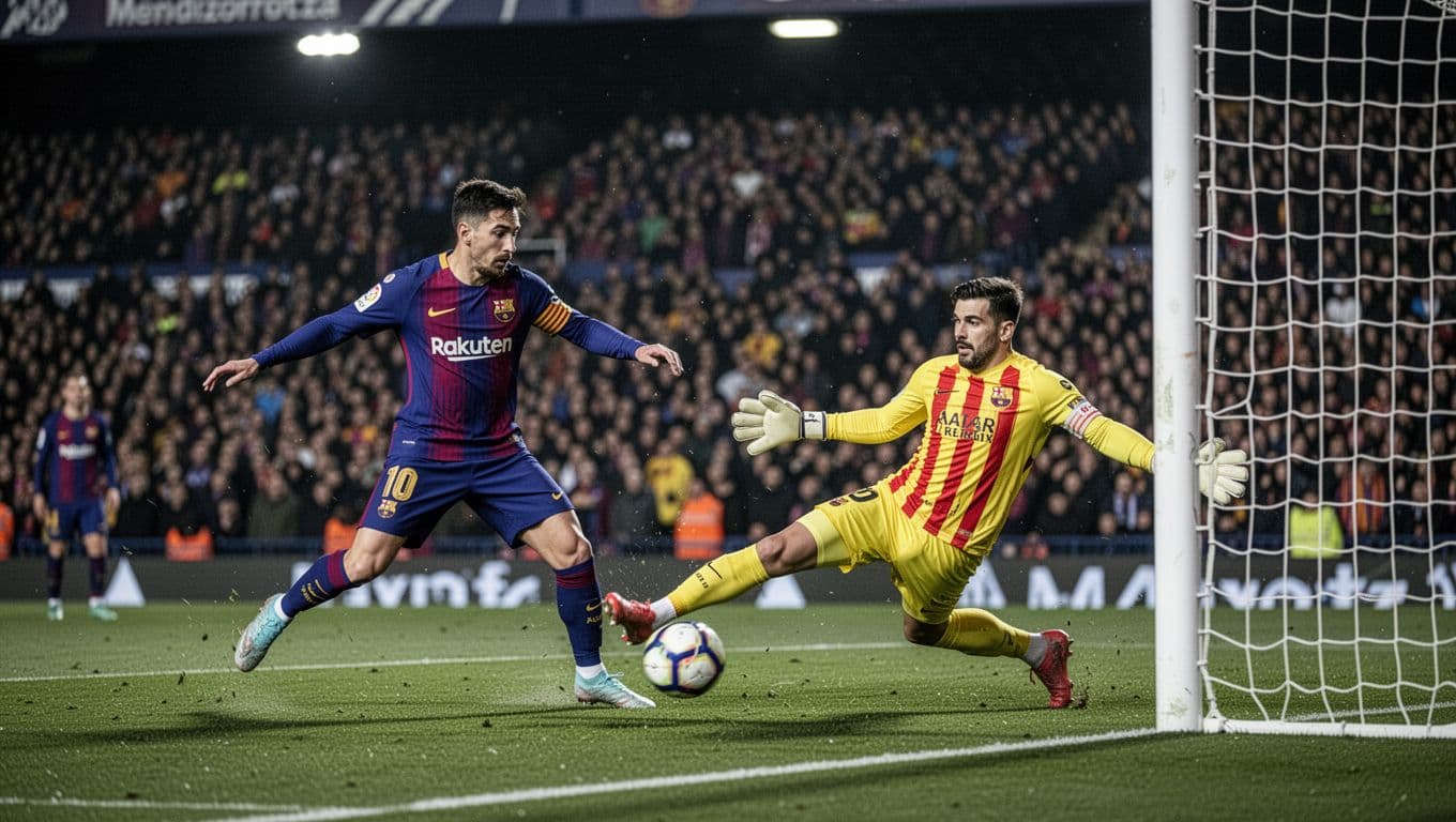 Barcelona player shoots toward goal as Alaves keeper dives to block, night lights illuminate stadium crowd.