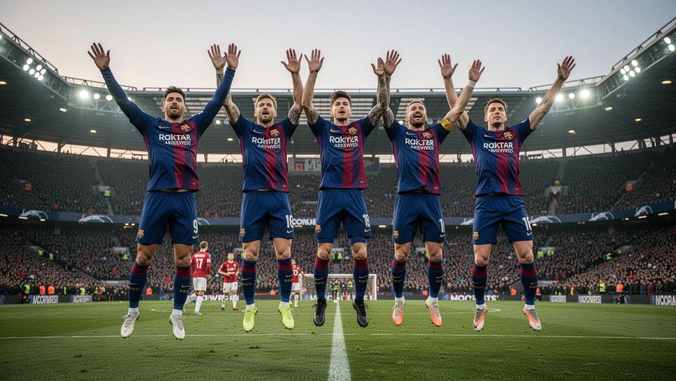 Five Barcelona players in blue-red jerseys jump arms raised on pitch, stadium background under evening lights.