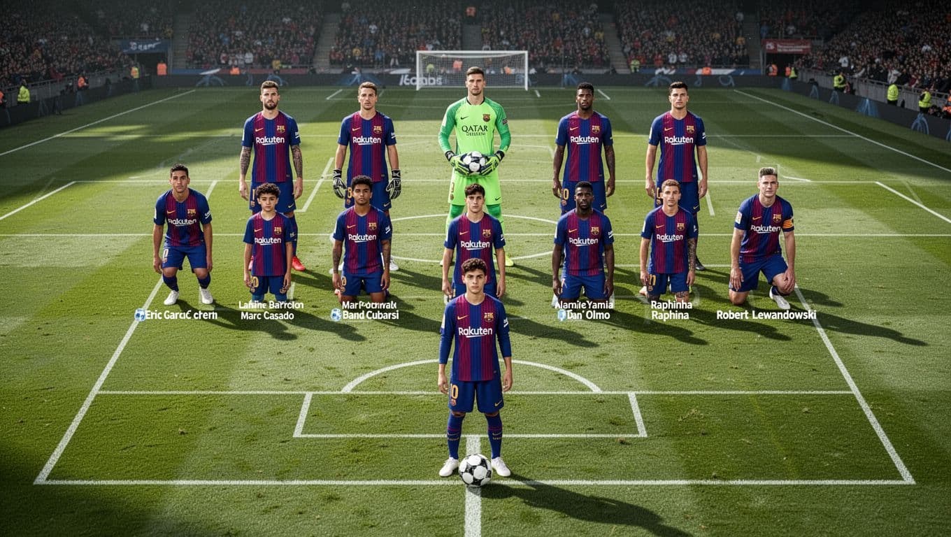 Barcelona's predicted starting XI in 4-2-3-1 formation on green field, players in blaugrana kits.