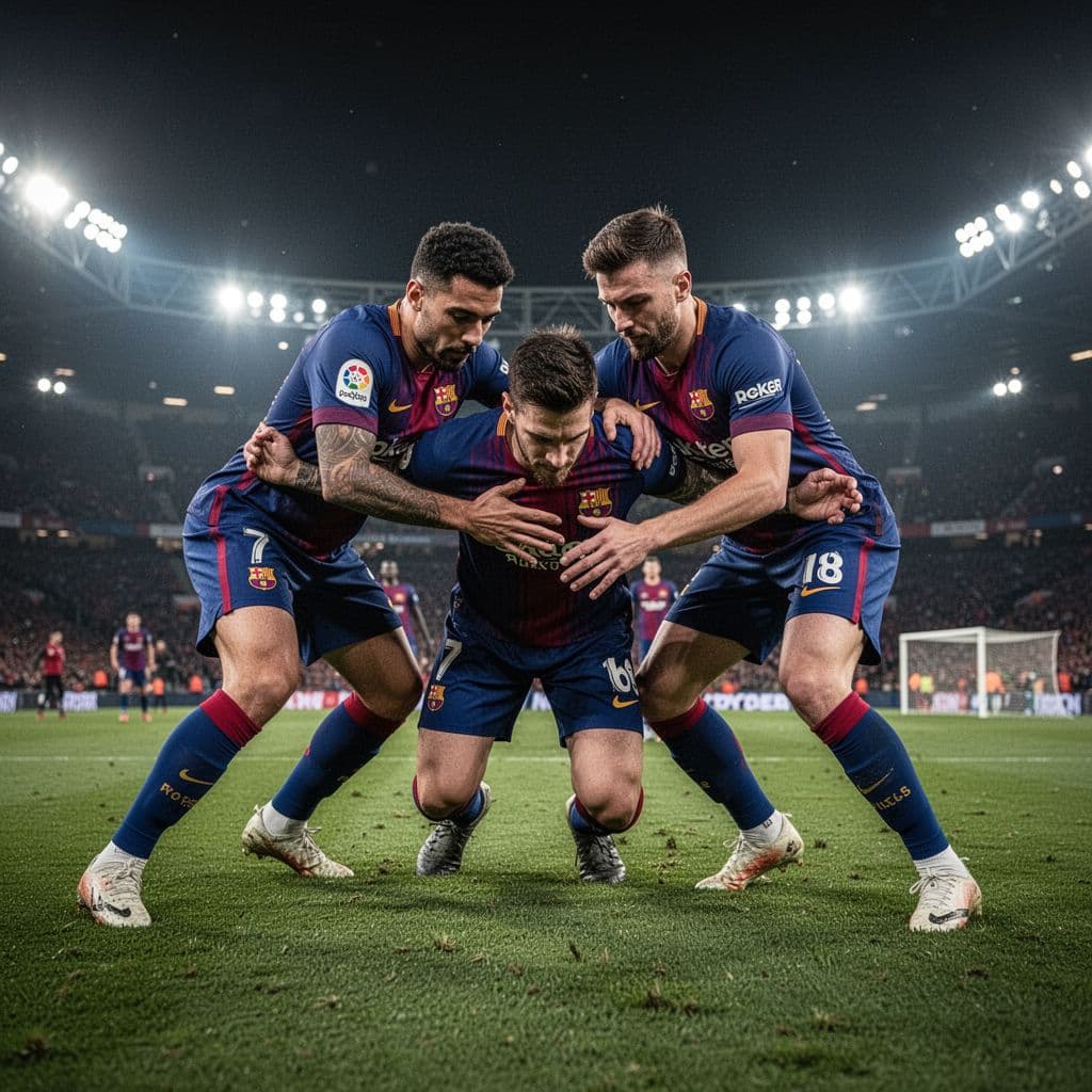 Two Barcelona players in blue-red jerseys tightly surround and pressure one opponent on night-lit stadium grass.