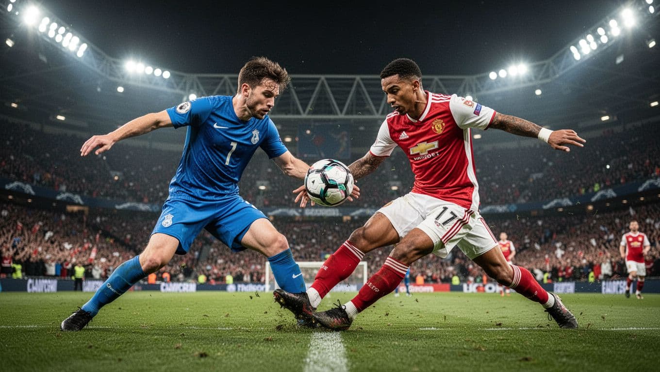 Two players in Barcelona blue-red and Real Madrid white jerseys contest the ball in midfield at Spotify Camp Nou under night floodlights.