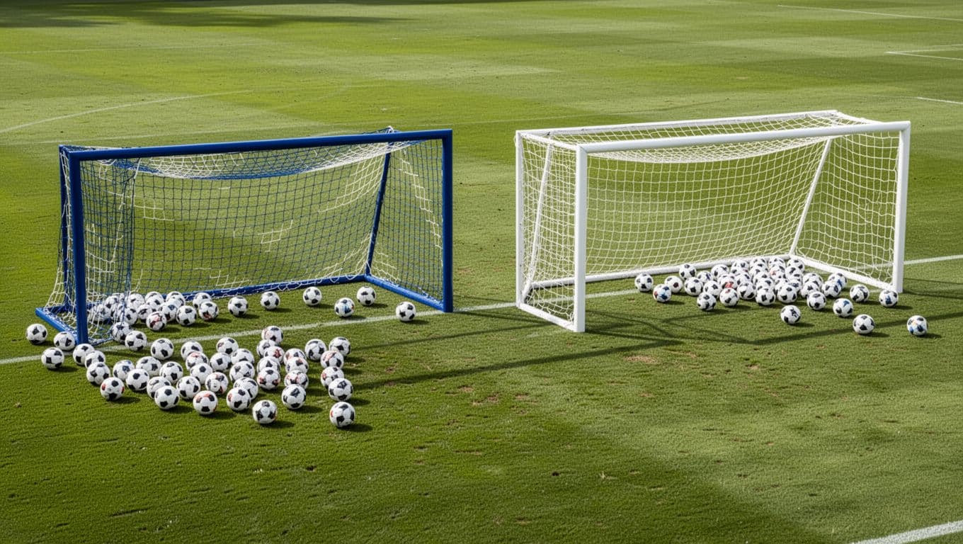 Charts in blue and white compare Barcelona and Real Madrid goals scored, conceded, assists, and clean sheets on subtle soccer field background.