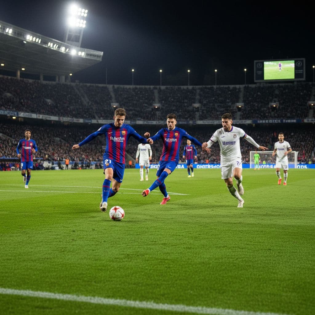 Two football teams compete on green pitch under stadium lights at night, blurred crowd in background.