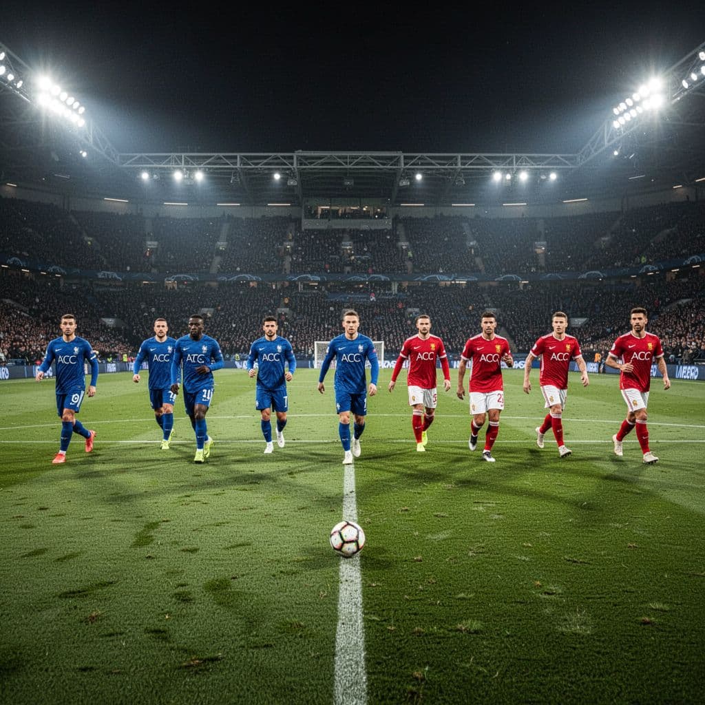 Players in blue and red jerseys maintain a structured defensive line across the bright green pitch during a night match. A single ball sits on the grass amidst the organized movement.