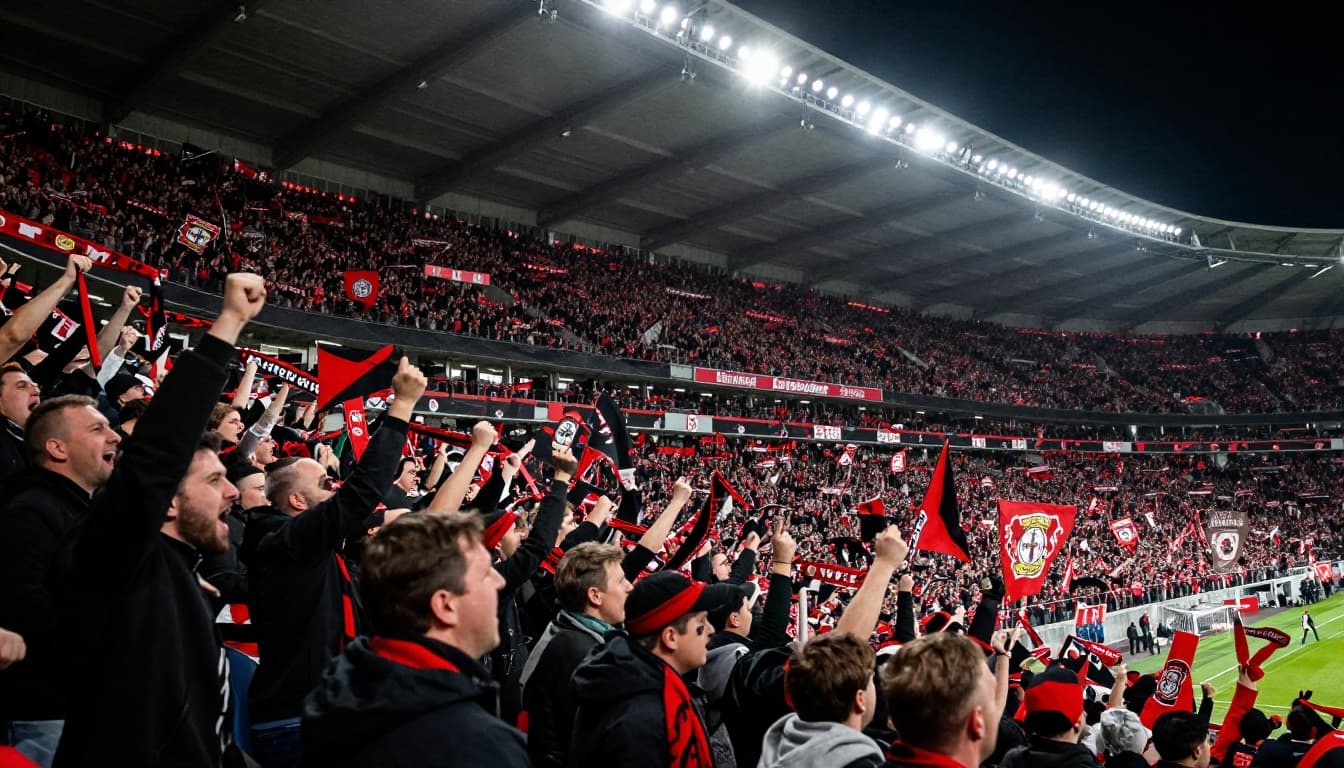 BayArena stands packed with Bayer Leverkusen supporters in red and black scarves and flags, cheering under night floodlights.