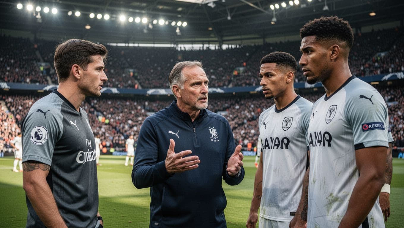 Bayern Munich coach gives tactical instructions to three focused players on the sideline during PSG match, crowded stadium behind.
