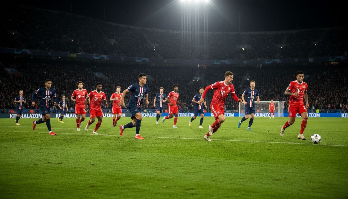 Bayern players in red jerseys counter-attack through wings against PSG defense in blue on lit Champions League pitch.