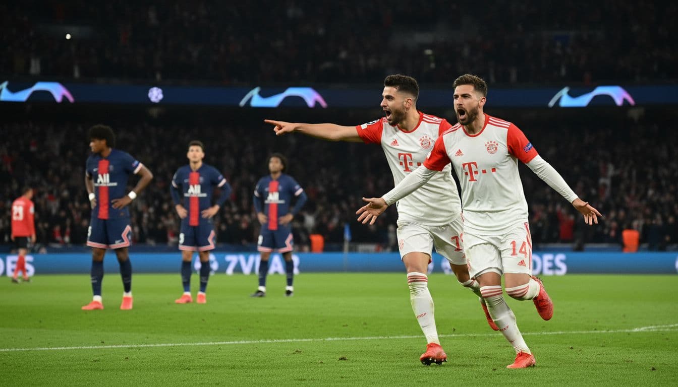 Two Bayern players celebrate a goal at night-lit Parc des Princes, one pointing to crowd, another raising arms, PSG dejected in background.