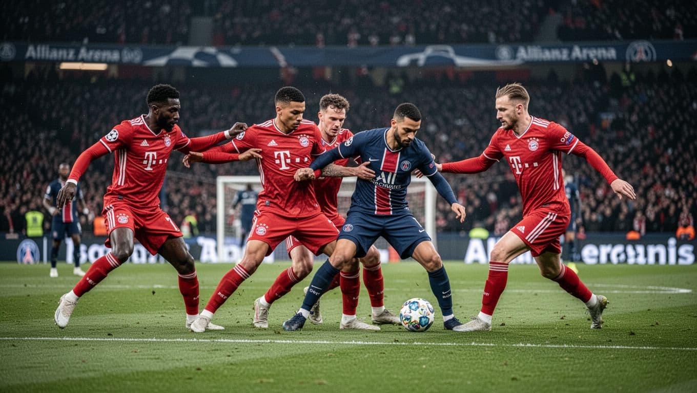 Four Bayern players in red jerseys press a PSG defender in blue holding the ball near the penalty area in Allianz Arena night stadium.