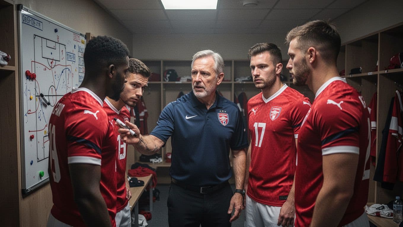 Vincent Kompany points at tactics board while three Bayern players nod in tight locker room huddle.
