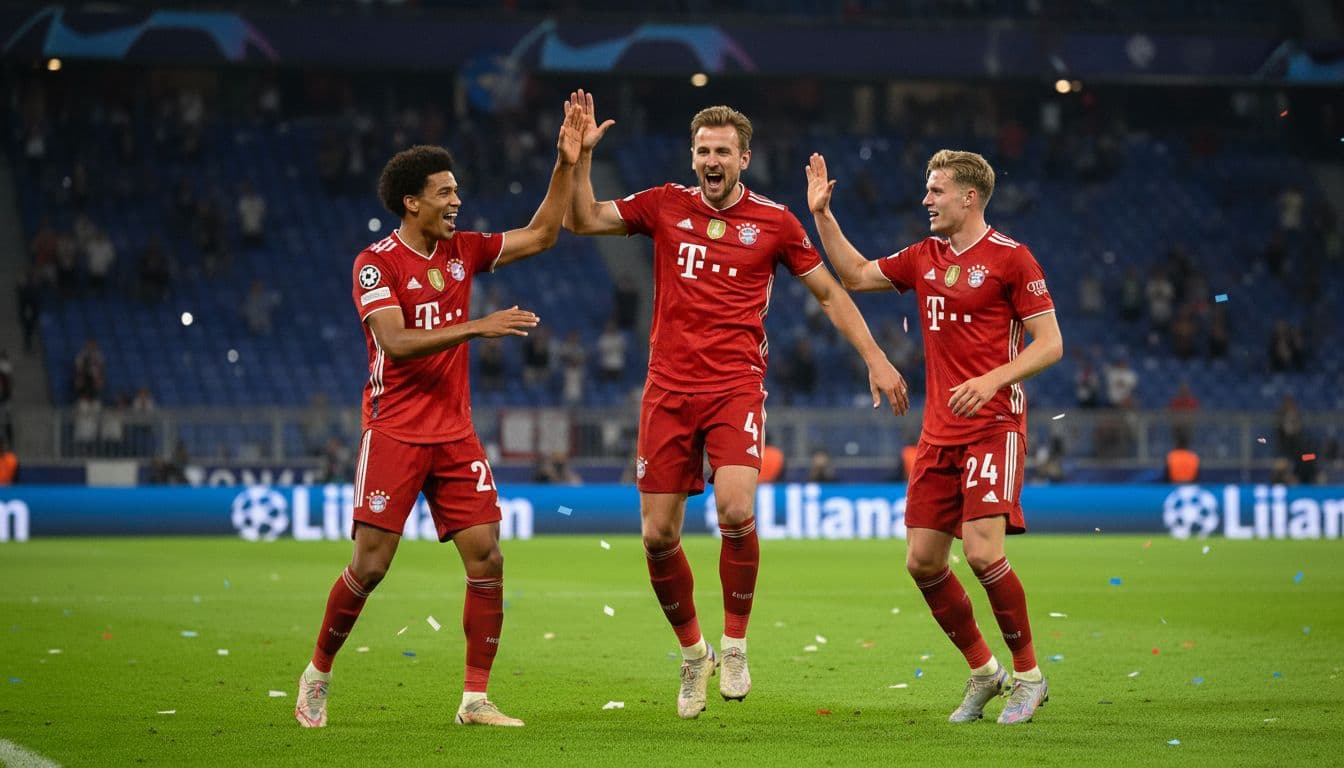 Three Bayern Munich players high-five on Allianz Arena pitch under stadium lights during night Champions League match.