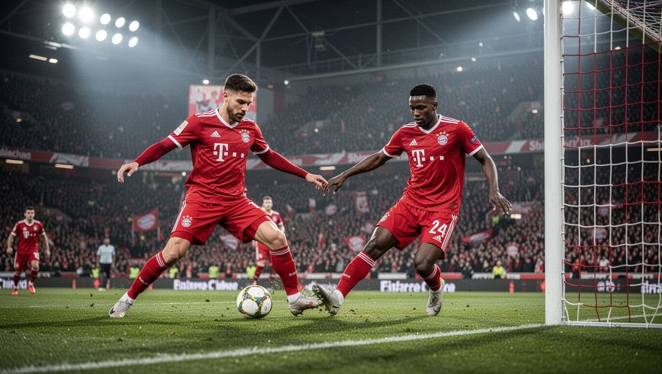Five Bayern Munich players in red kits attack near goal, midfielder passes to forward under bright stadium lights.