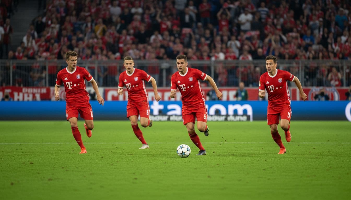 Four Bayern Munich players in red jerseys sprint forward on counter-attack with ball on green pitch, cheering fans in full stadium under evening floodlights.