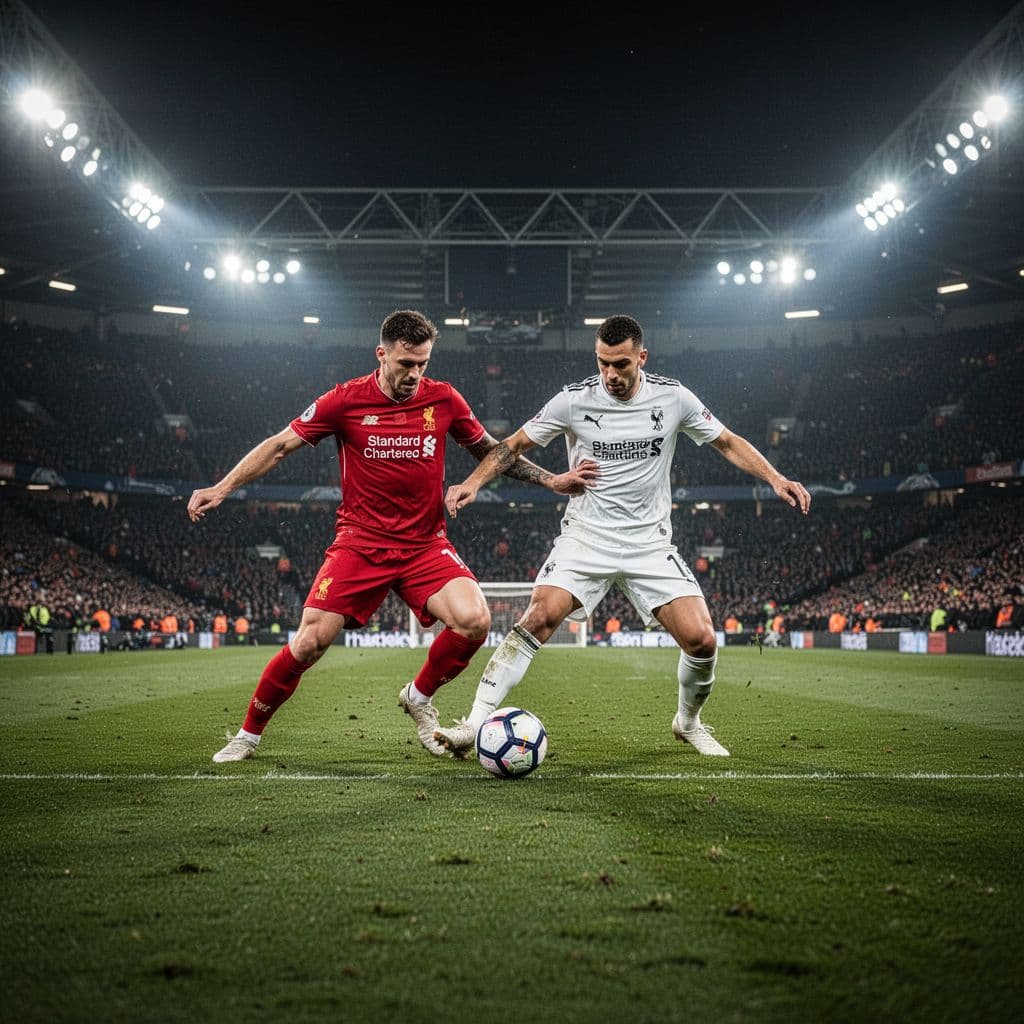 Bayern Munich player in red jersey duels FC Koeln player in white for ball on lit stadium field at night.