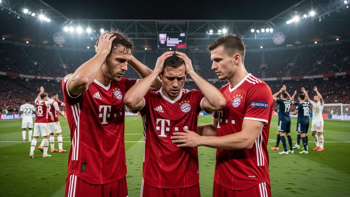 Three Bayern Munich players show disappointment on pitch, one with hands on head, teammates consoling, PSG celebrating distantly in night stadium.