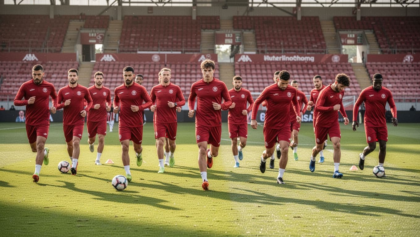 Eleven Bayern Munich players in red kits jog and stretch on green pitch with stadium seats in background.
