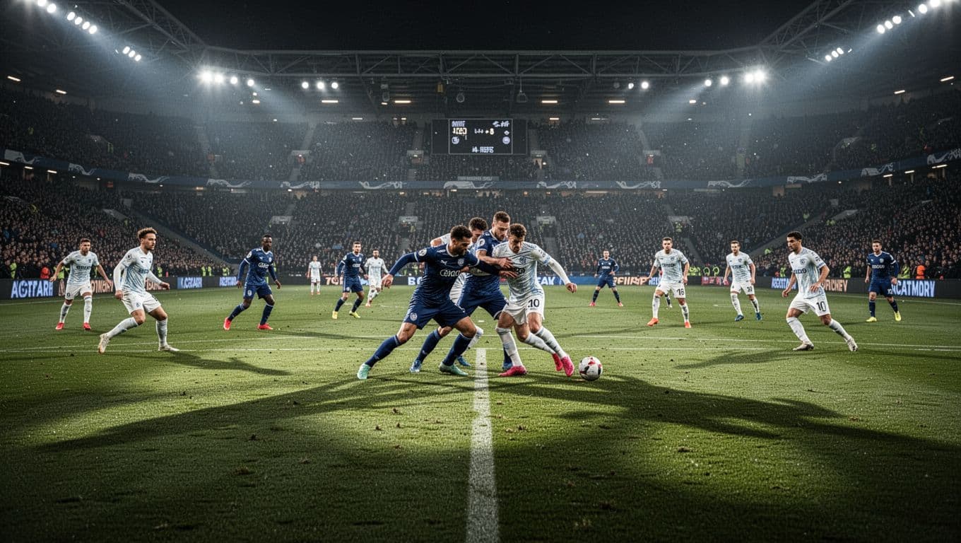 Bayern Munich and PSG players collide intensely in midfield during a night match in a packed stadium.