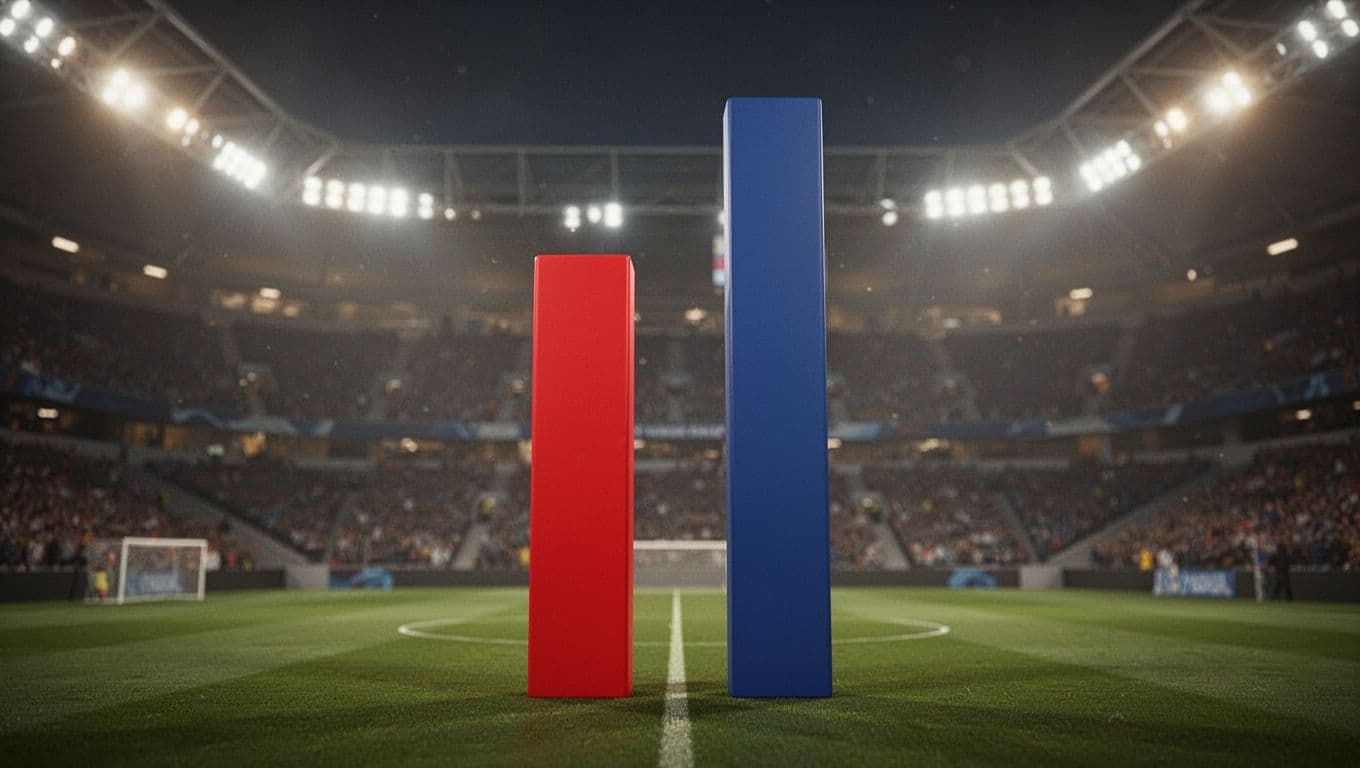 Bar chart with tall red Bayern bar exceeding short blue PSG bar on blurred Allianz Arena background.