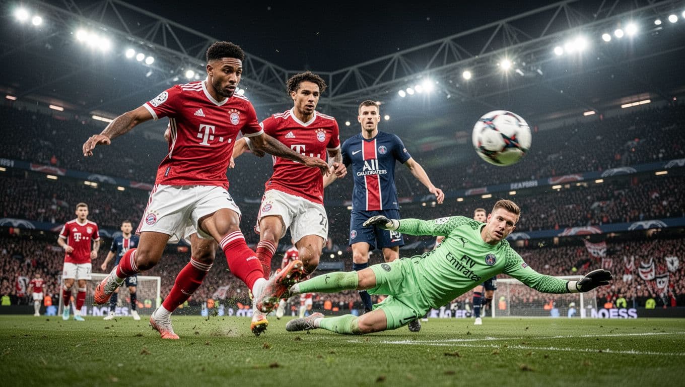 Jamal Musiala shoots amid Bayern high press on PSG defense, with Matvei Safonov diving to save in crowded Allianz Arena midfield.