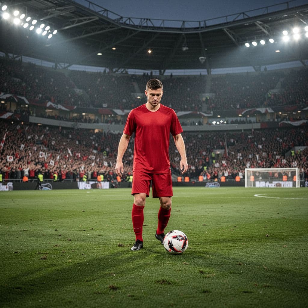 Bayern player in red jersey calmly controls soccer ball on green Allianz Arena pitch under bright night lights with packed stands.